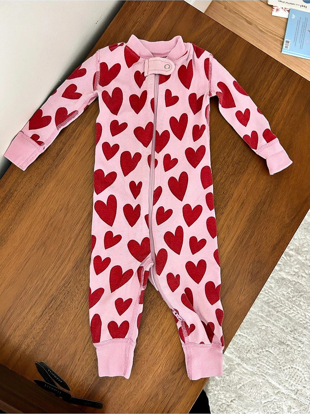 Hanna Andersson Organic Cotton Zip Sleeper in Pink with Red Hearts